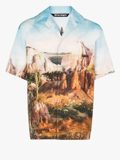 Shop Palm Angels Canyon Print Cotton Bowling Shirt In Blue