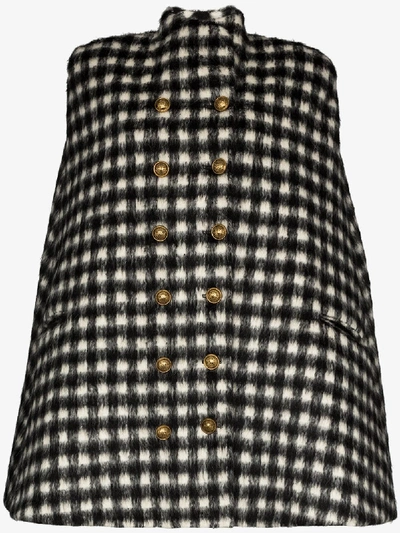 Shop Balmain Buttoned Gingham Cape In Black