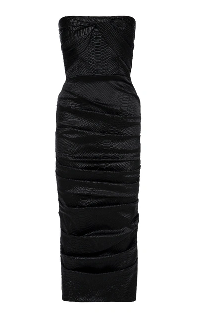 Shop Alex Perry Alexis Strapless Snake-effect Satin Midi Dress In Black