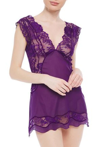 Shop La Perla Lace-paneled Silk-blend Voile Camisole In Violet
