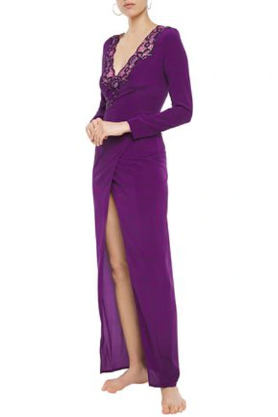 Shop La Perla Castle Garden Wrap-effect Embellished Stretch-silk Nightdress In Dark Purple
