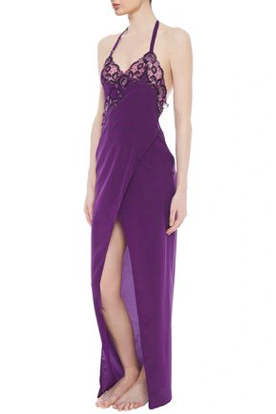 Shop La Perla Castle Garden Embellished Stretch-silk Halterneck Nightdress In Violet