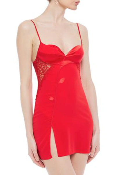 Shop La Perla Lace, Satin And Stretch-silk Georgette Chemise In Red