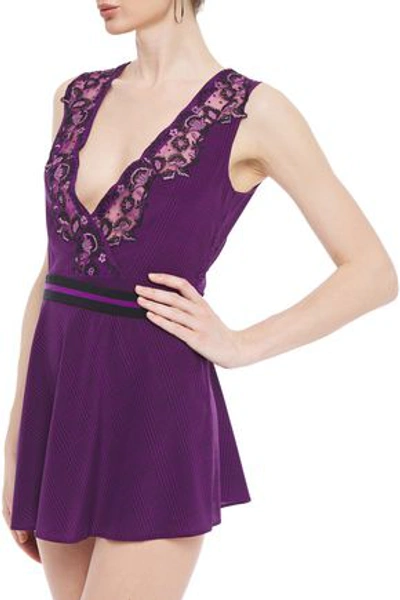 Shop La Perla Castle Garden Belted Embellished Checked Stretch-silk Chemise In Purple