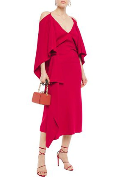 Shop Roland Mouret Vincent Cold-shoulder Draped Cady Midi Dress In Red