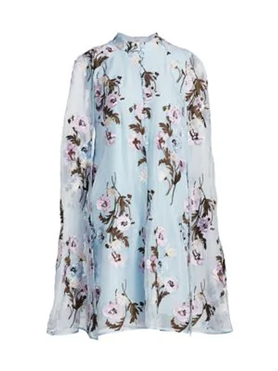 Shop Erdem Caelyn Ellerdale Poppy Embroidered Silk Organza Cape Dress In Pale Blue Red