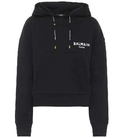 Shop Balmain Logo Cropped Cotton Hoodie In Black