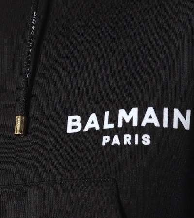 Shop Balmain Logo Cropped Cotton Hoodie In Black