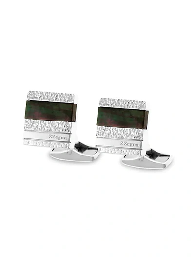 Shop Zegna Sterling Silver & Black Mother-of-pearl Hammered Cufflinks