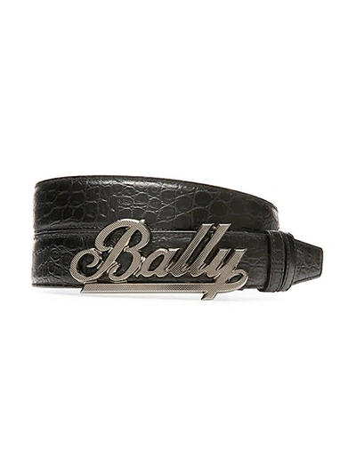 Shop Bally Swoosh Croc-embossed Leather Belt In Black
