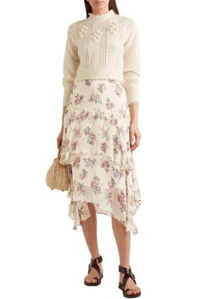 Shop Loveshackfancy Alex Tiered Floral-print Silk-georgette Skirt In Cream