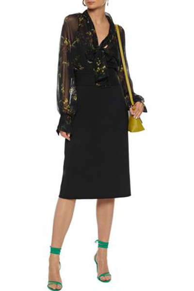 Shop Oscar De La Renta Belted Wool-blend Cady Pencil Skirt In Black