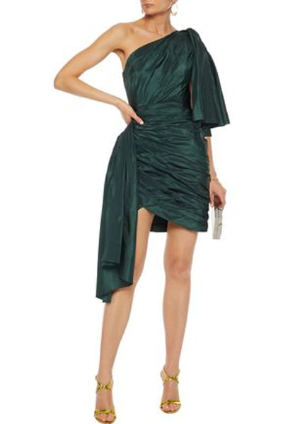 Shop Oscar De La Renta One-shoulder Knotted Silk-taffeta Mini Dress In Emerald