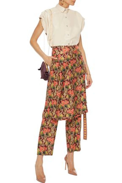 Shop Oscar De La Renta Layered Floral-print Silk-twill Straight-leg Pants In Brick