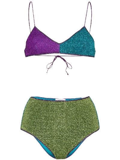 Shop Oseree Lumier Metallic Colour-block Bikini Set In Blue