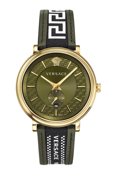 Shop Versace V Circle Greca Leather Strap Watch, 42mm In Green/ Gold