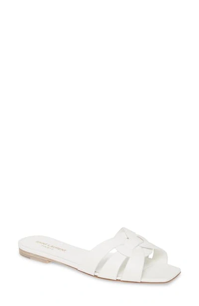 Shop Saint Laurent Tribute Slide Sandal In White/ Beige