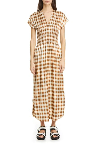 Shop Ganni Gingham Smocked Waist Stretch Silk Midi Dress In Toffee