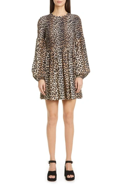 Shop Ganni Leopard Print Long Sleeve Smocked Minidress