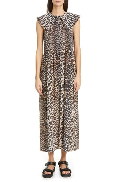Shop Ganni Ruffle Collar Leopard Print Maxi Dress