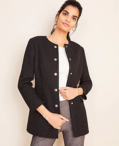 Shop Ann Taylor Petite Long Tweed Button Jacket In Black