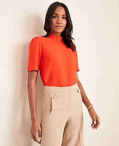 Shop Ann Taylor Puff Sleeve Mock Neck Top In Cayenne Pepper
