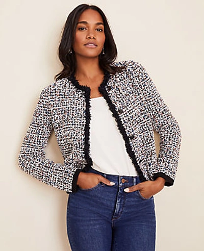 Shop Ann Taylor Fringe Tweed Sweater Jacket In Black Multi