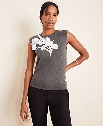 Shop Ann Taylor Floral Applique Sweater Shell Top In Heather Silver Lake Grey