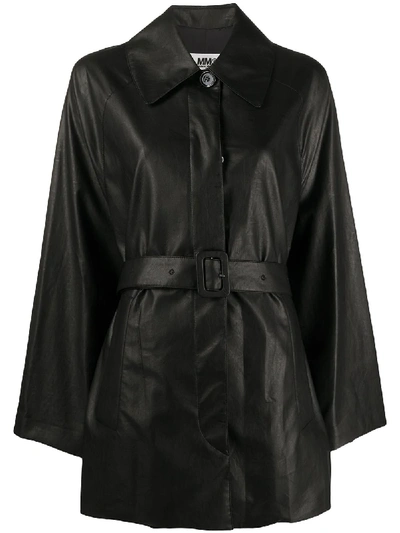 Shop Mm6 Maison Margiela Belted Faux Leather Coat In Black