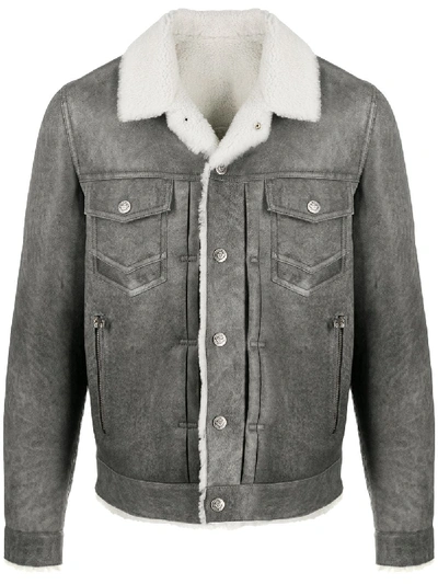 Shop Balmain Shearling Shirt Jacket In Grey