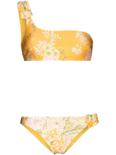 Shop Zimmermann Amelie One-shoulder Floral-print Bikini Set In Yellow