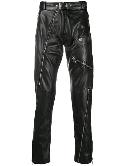 Shop Versace Zip Detail Leather Trousers In Black