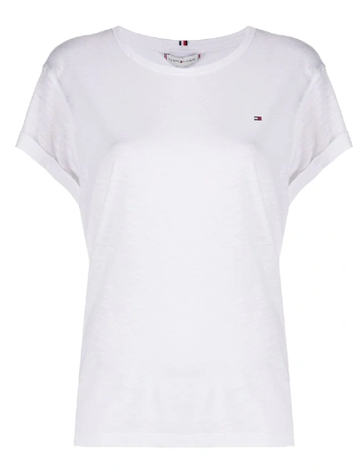 Shop Tommy Hilfiger Logo Embroidered T-shirt In White