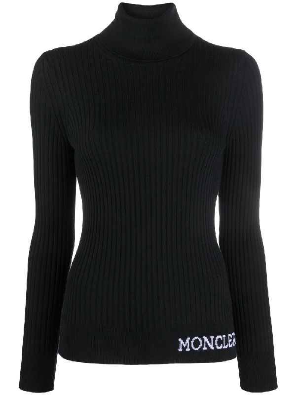 Moncler Logo Intarsia Hem Virgin Wool Rib Knit Turtleneck Sweater In ...