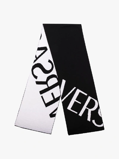 Shop Versace Black And White Logo Wool Scarf