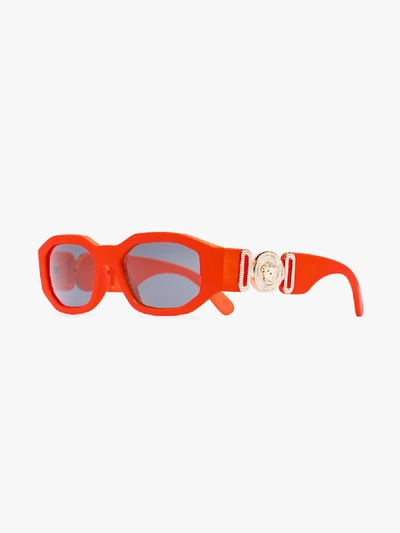 Shop Versace Orange Biggie Rectangular Sunglasses