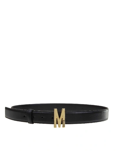 Shop Moschino Leather Belt With Logo In Black