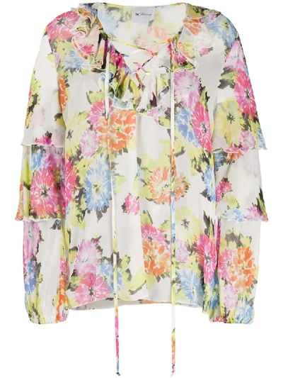 Shop Be Blumarine Floral Print Tie-neck Blouse In White