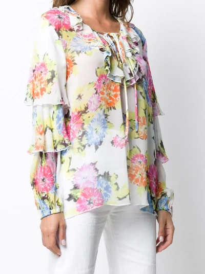Shop Be Blumarine Floral Print Tie-neck Blouse In White
