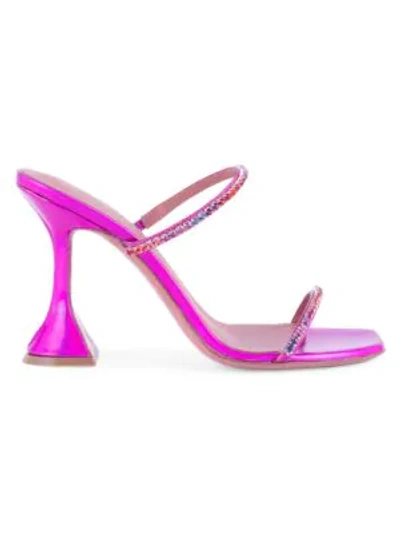 Shop Amina Muaddi Gilda Embellished Holographic Leather Mules In Fuchsia