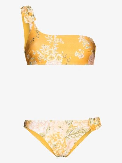 Shop Zimmermann Amelie One-shoulder Floral-print Bikini Set In Yellow