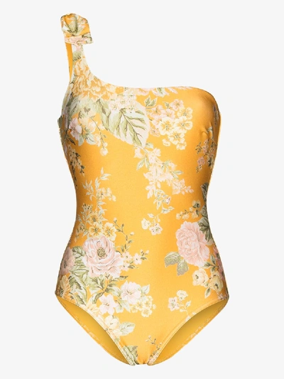 Shop Zimmermann Amelie Floral-print One-shoulder Swimsuit In Yellow