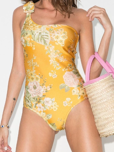 Shop Zimmermann Amelie Floral-print One-shoulder Swimsuit In Yellow