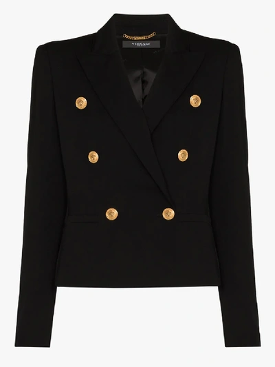 Shop Versace Cropped Double-breasted Blazer In Black