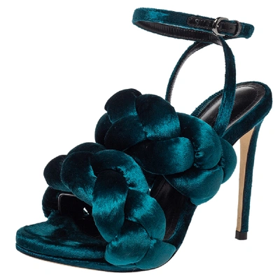 Pre-owned Marco De Vincenzo Teal Blue Velvet Braided Rope Ankle Strap Sandals Size 36