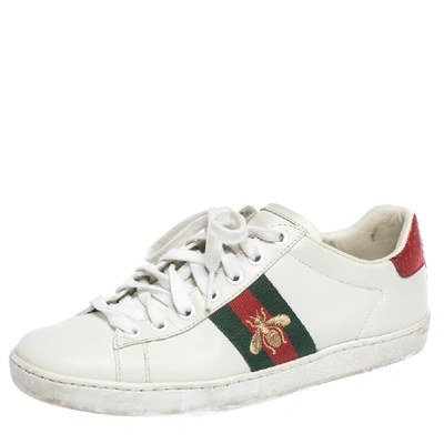 Pre-owned Gucci White Leather Ace Embroidered Bee Low Top Sneakers Size 36