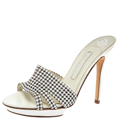 Pre-owned Gina White Leather Crystal Embellished Slide Sandals Size 38