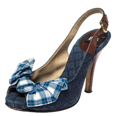 Pre-owned Dolce & Gabbana Blue Denim And Check Fabric Bow Embellished Slingback Sandals Size 37