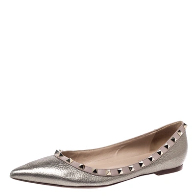 Pre-owned Valentino Garavani Metallic Bronze Leather Rockstud Ballet Flats Size 40