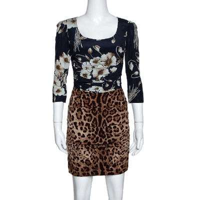 Pre-owned Dolce & Gabbana Brown Mixed Print Silk Ruched Dress S